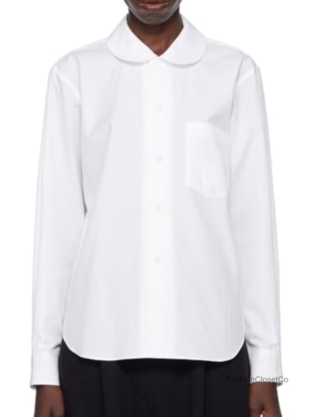 Peter Pan Collar Button-Down Blouse with Pleated Cuffs & Patch Pocket